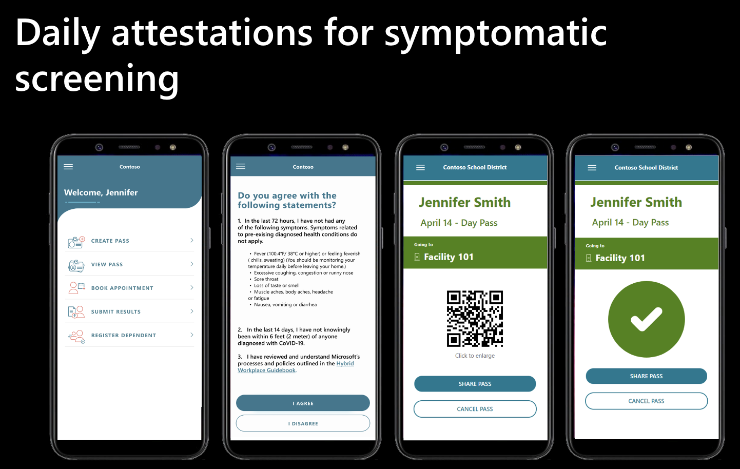 Mobile screenshots showing the daily attestation process for symptomatic screening in schools