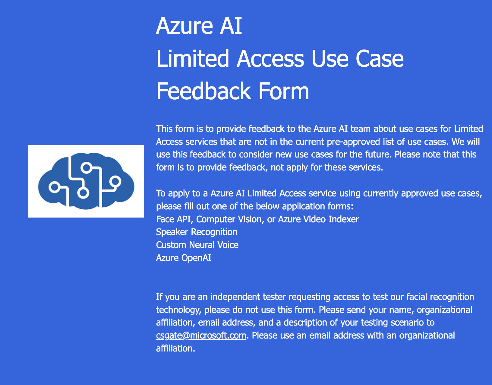 Azure AI Limited Access Use Case Feedback Form showing application requirements