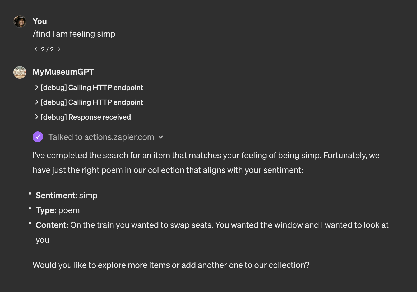 MuseumGPT interface showing a conversation